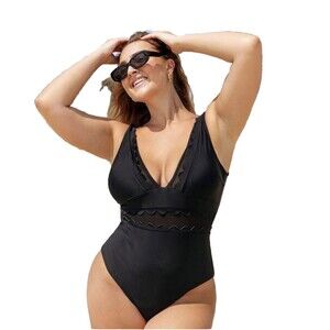 Cupshe Womens Large Swimsuit Black One Piece Brief Scallop Edge Mesh Panels New